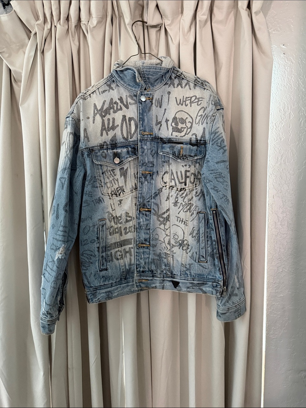 Guess Light Blue Graffiti Denim Bomber Jacket